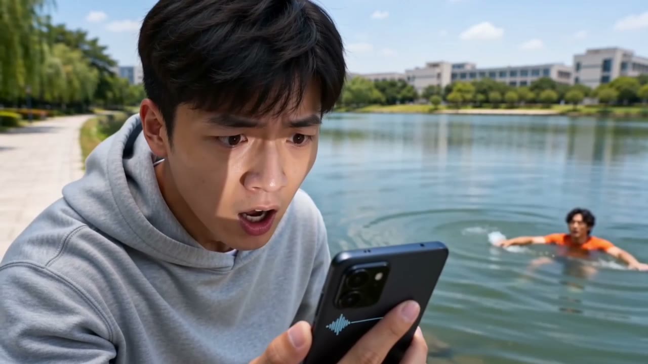 校园防溺水视频：湖边学生与水中遇险者